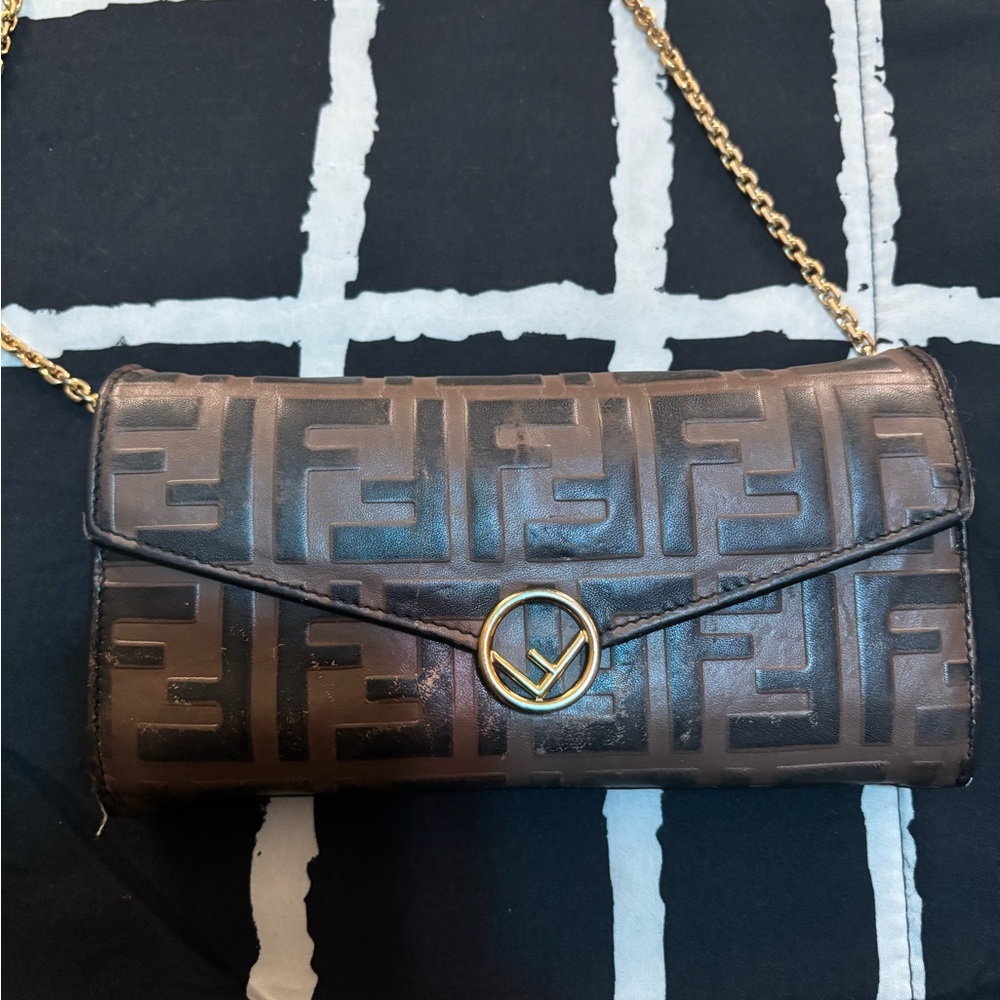 Fendi Brown Embossed Clutch with Gold Accents
